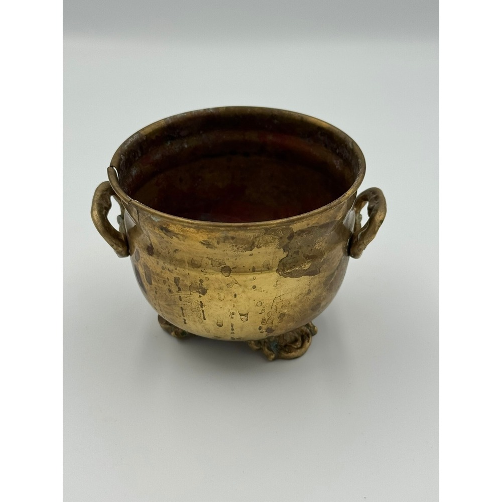 Antique Brass Miniature Cauldron Pot Footed Three Legged Rustic Patina Handle